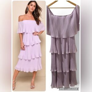 Lulus Lavender Off Shoulder Pleated Tiered Midi Dress Flowy Romantic Size L